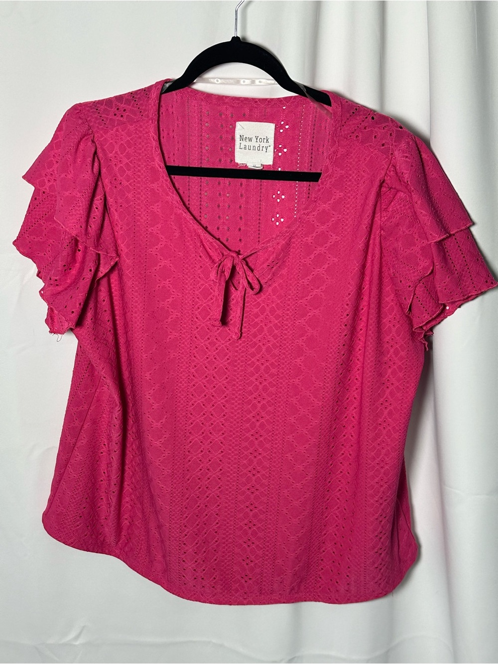 New York Laundry Pink Eyelet Tie-Front Ruffle Sleeve Top 2x